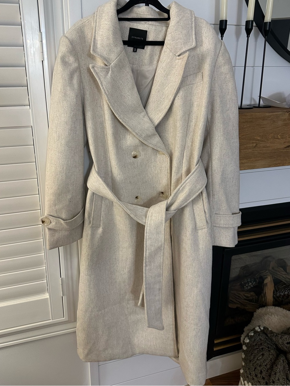 Dynamite Wool Blend Cream Double-Breasted Trench Coat with Belt